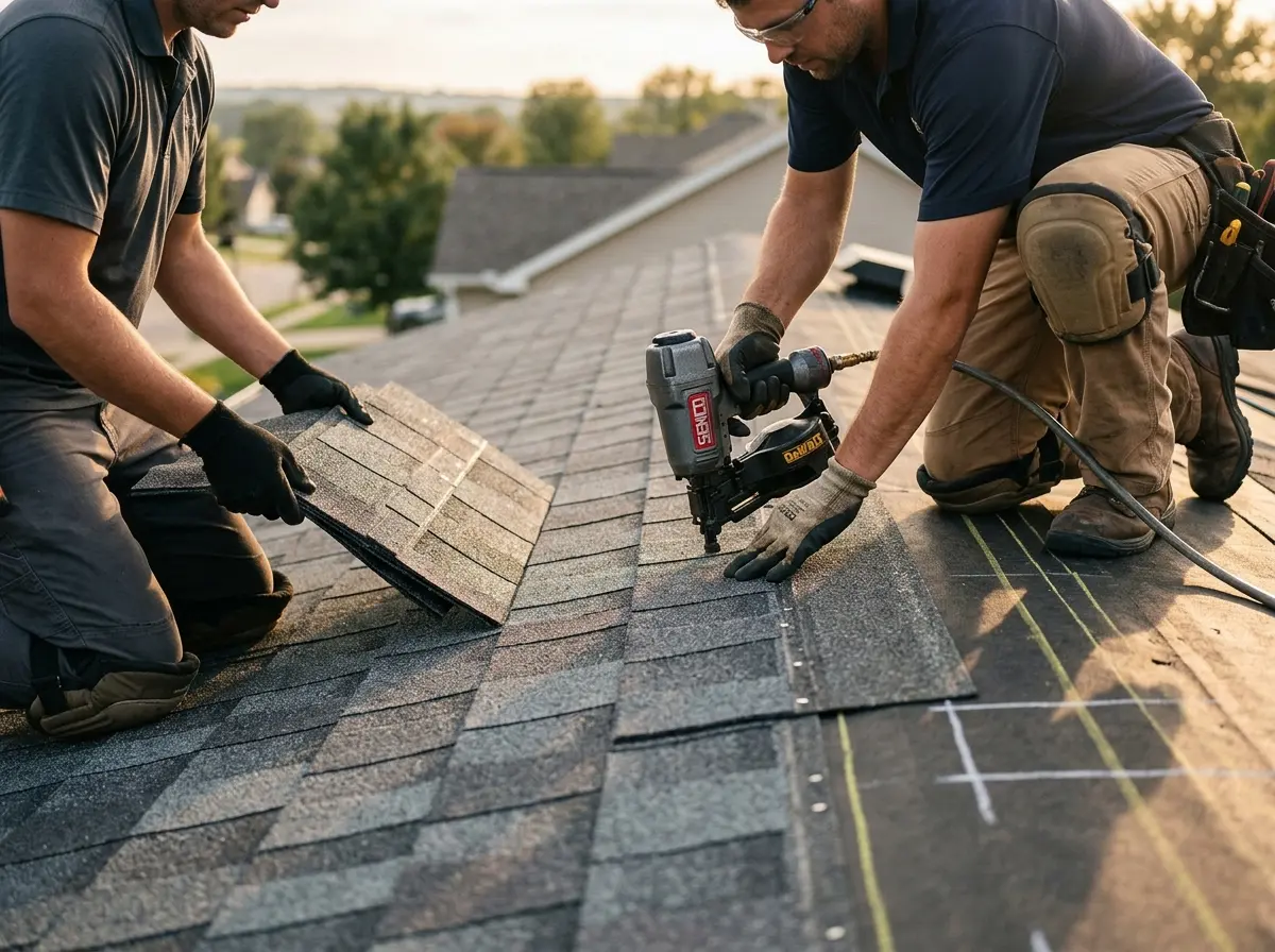 Professional roofer working on a residential roof in Clay